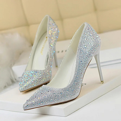Ženske 10 cm visoke potpetice striptizete Bling Scarpins Pumpice Lady Stiletto Wedding Svadbena zabava Fetiš Crystal Rhinestones Gold Prom Cipele