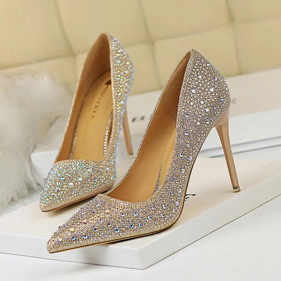 Ženske 10 cm visoke potpetice striptizete Bling Scarpins Pumpice Lady Stiletto Wedding Svadbena zabava Fetiš Crystal Rhinestones Gold Prom Cipele