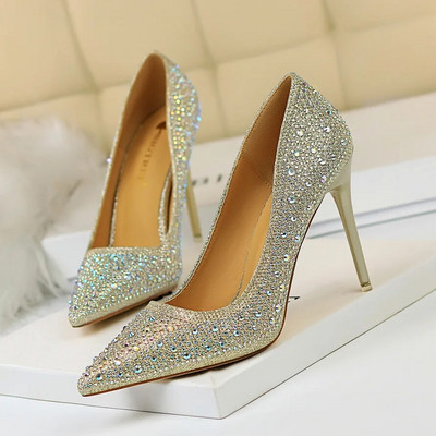Ženske 10 cm visoke potpetice striptizete Bling Scarpins Pumpice Lady Stiletto Wedding Svadbena zabava Fetiš Crystal Rhinestones Gold Prom Cipele