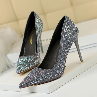 Ženske 10 cm visoke potpetice striptizete Bling Scarpins Pumpice Lady Stiletto Wedding Svadbena zabava Fetiš Crystal Rhinestones Gold Prom Cipele