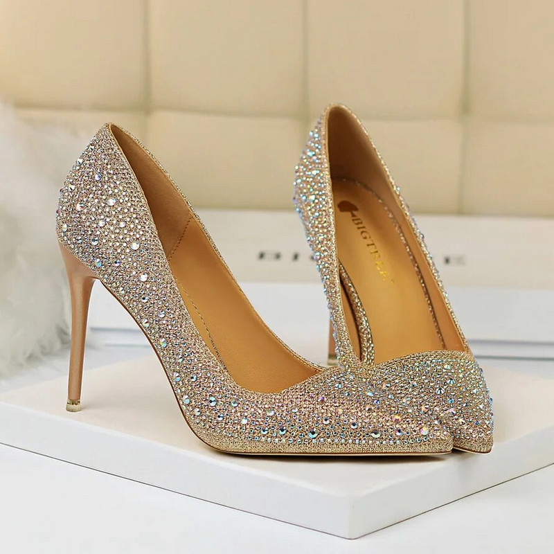 Ženske 10 cm visoke potpetice striptizete Bling Scarpins Pumpice Lady Stiletto Wedding Svadbena zabava Fetiš Crystal Rhinestones Gold Prom Cipele