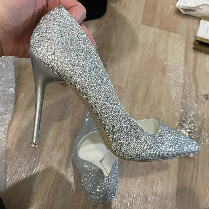 Ženske 10 cm visoke potpetice striptizete Bling Scarpins Pumpice Lady Stiletto Wedding Svadbena zabava Fetiš Crystal Rhinestones Gold Prom Cipele