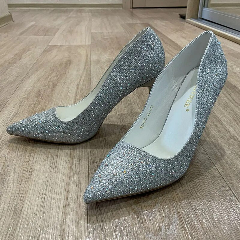 Ženske 10 cm visoke potpetice striptizete Bling Scarpins Pumpice Lady Stiletto Wedding Svadbena zabava Fetiš Crystal Rhinestones Gold Prom Cipele