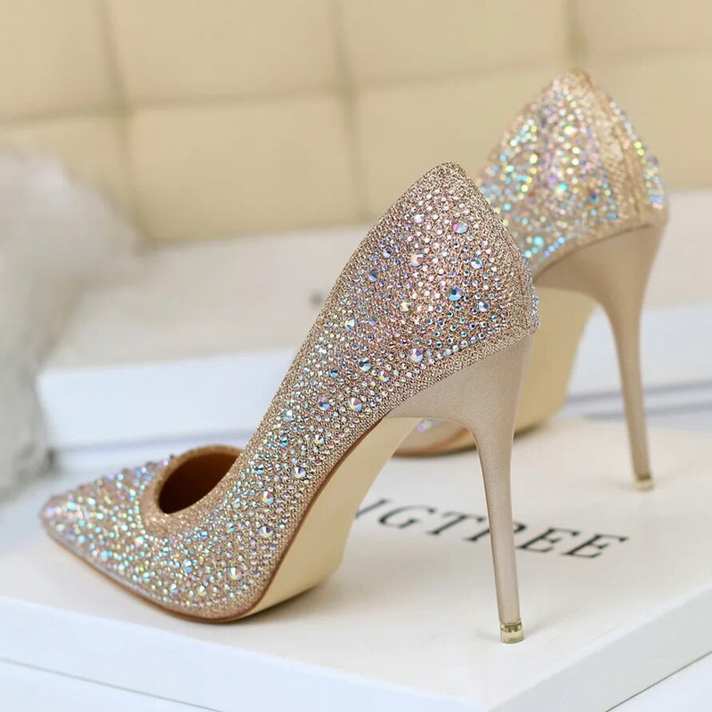 Ženske 10 cm visoke potpetice striptizete Bling Scarpins Pumpice Lady Stiletto Wedding Svadbena zabava Fetiš Crystal Rhinestones Gold Prom Cipele