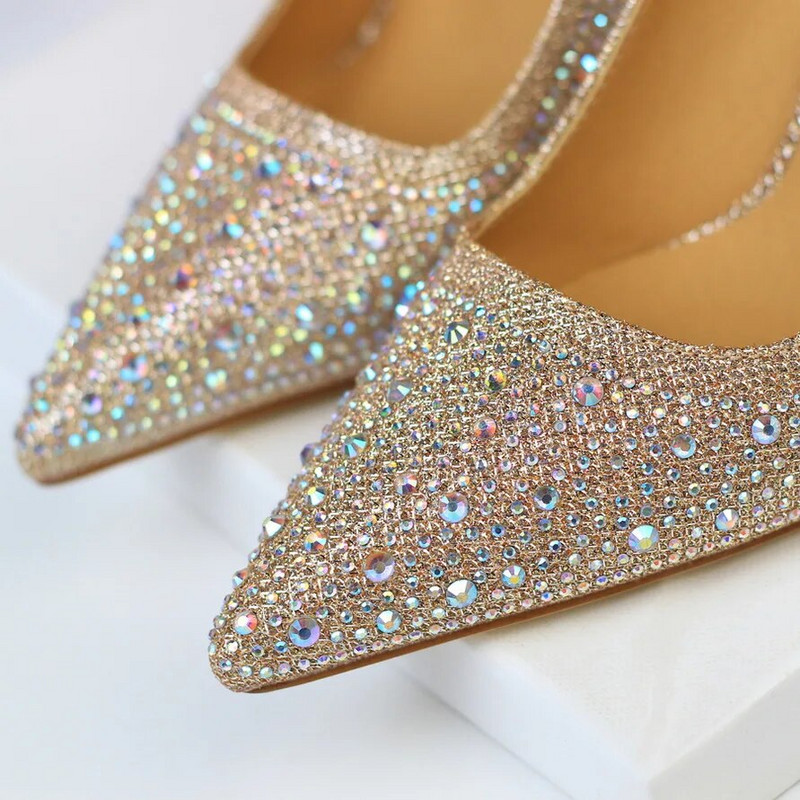 Ženske 10 cm visoke potpetice striptizete Bling Scarpins Pumpice Lady Stiletto Wedding Svadbena zabava Fetiš Crystal Rhinestones Gold Prom Cipele
