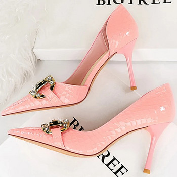 Ψηλοτάκουνα 8 εκ. Πλαϊνές κούφιες αντλίες Lady Luxury Designer Μεταλλική Αλυσίδα Πόρπη Ψηλοτάκουνα Stiletto Μαύρα Ροζ Παπούτσια Prom