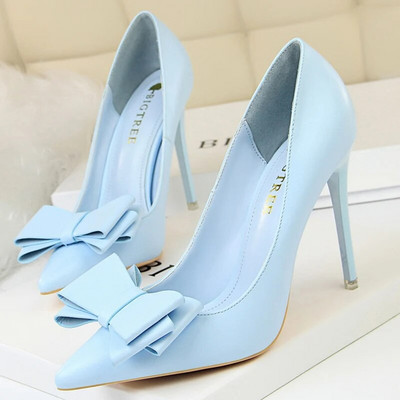 Дамски фетиш 10,5 см високи токчета Синьо-жълти помпи Пеперуден възел Кожени обувки на токчета Дамски обувки за сватбено тържество