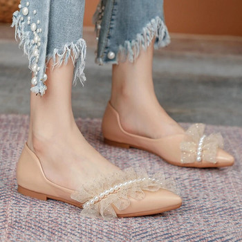 Елегантни парти обувки с перлена дантела Дамски обувки с равни обувки в цвят шампанско, пролет, лято, дамски секси сандали с остри пръсти плюс размер 43