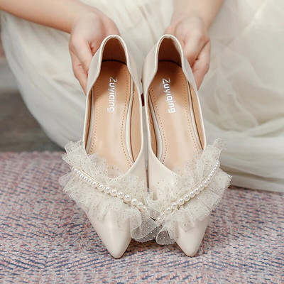 Elegantiški perlų nėrinių vakarėlis suknelė Moteriški Pavasario Vasaros Šampano spalvos Plokštūs Batai Moterims Seksualūs smailianosiai Sandalai Didelis 43 dydis