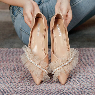 Elegantiški perlų nėrinių vakarėlis suknelė Moteriški Pavasario Vasaros Šampano spalvos Plokštūs Batai Moterims Seksualūs smailianosiai Sandalai Didelis 43 dydis