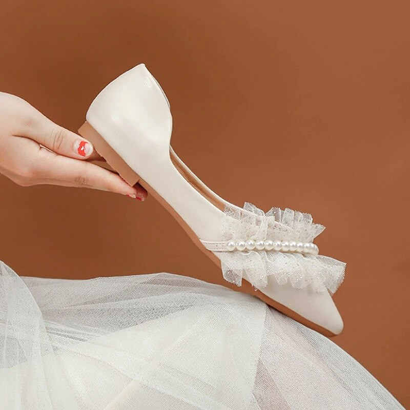 Elegantiški perlų nėrinių vakarėlis suknelė Moteriški Pavasario Vasaros Šampano spalvos Plokštūs Batai Moterims Seksualūs smailianosiai Sandalai Didelis 43 dydis