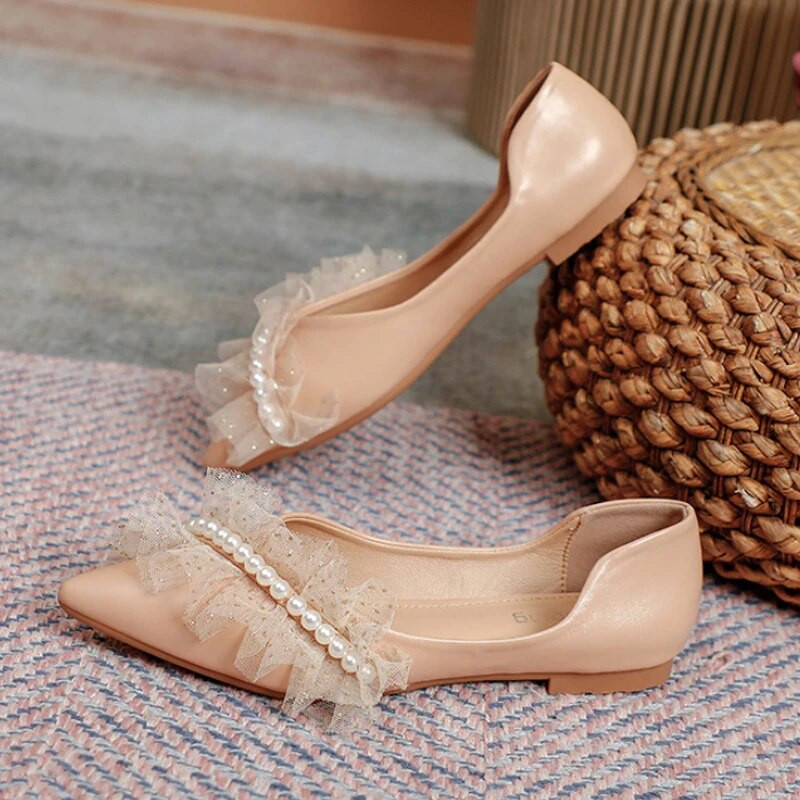 Elegantiški perlų nėrinių vakarėlis suknelė Moteriški Pavasario Vasaros Šampano spalvos Plokštūs Batai Moterims Seksualūs smailianosiai Sandalai Didelis 43 dydis