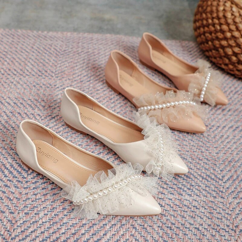 Elegantiški perlų nėrinių vakarėlis suknelė Moteriški Pavasario Vasaros Šampano spalvos Plokštūs Batai Moterims Seksualūs smailianosiai Sandalai Didelis 43 dydis