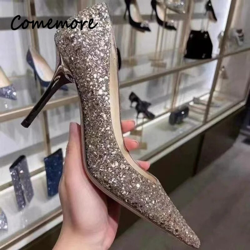 Comemore Ženske cipele na visoku potpeticu Cipele na petu Nevjesta 2023 Zlatne Luksuzne dizajnerske Elegantne sandale za zabavu Plesna haljina Seksi Srebrna