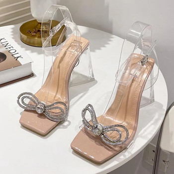 Летни парти дамски сандали, елегантен дизайн с панделки от кристали, странна перспектива, високи токчета, квадратни пръсти, PVC прозрачни прозрачни обувки