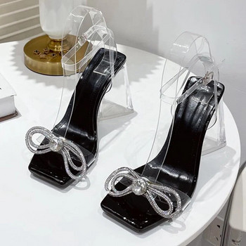 Летни парти дамски сандали, елегантен дизайн с панделки от кристали, странна перспектива, високи токчета, квадратни пръсти, PVC прозрачни прозрачни обувки