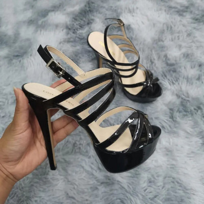 Sandale pentru femei 2024 Nou Nightclub Ultra Fashion 14cm Tocuri super înalte Platformă din piele Sandale cu curele la gleznă Pompe Pantofi de mireasă