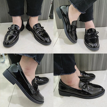 Черни лачени дамски мокасини Rimocy Обувки с приплъзване на платформа за жени Пролет 2023 Британски ежедневни плоски обувки с пискюли Дамски