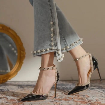 Високи токчета с нитове Дамски обувки с високи токчета 2022 Нов стил Темперамент 100 Подходяща пола Секси остри сандали с катарама и обвивка