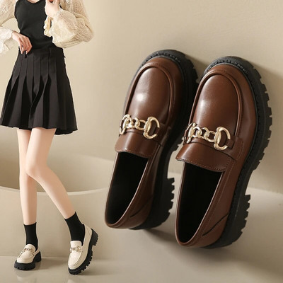 Плъзгави мокасини Дамски обувки с платформа от естествена телешка кожа, кръгли пръсти, метални вериги, ръчно изработени 2023 г.