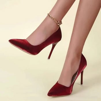 Виненочервени супер високи 10 см тънки помпи с висок ток Дамски обувки Копринени тъкани Работни парти работни обувки с остри пръсти