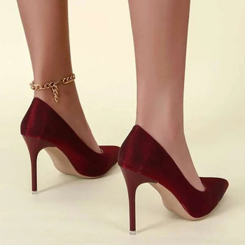 Виненочервени супер високи 10 см тънки помпи с висок ток Дамски обувки Копринени тъкани Работни парти работни обувки с остри пръсти