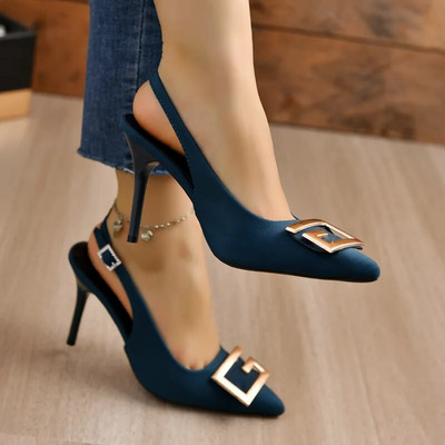 Дамски обувки 2023 г. Модни дамски обувки на висок ток Нова метална декорация Офис и кариера Секси дамски токчета с остри пръсти