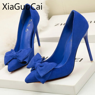 Blue Woman Casual Pumps Κορεατική έκδοση 2019 Το νεότερο Sweet Stiletto Γυναικεία ψηλοτάκουνα παπούτσια Pumps σουέτ με ρηχά μυτερά