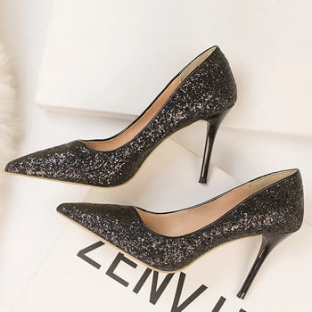 2023 Дамски помпи Секси обувки на висок ток Блестящи ярки помпи Дамски обувки Дамски обувки на стилето Сватбени булчински обувки Дамски токчета 9 см