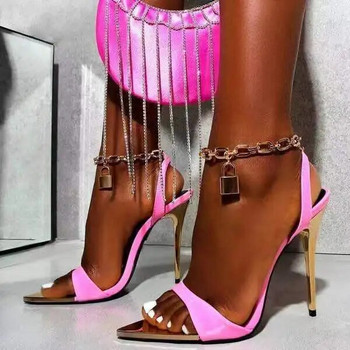 Дамски обувки Бонбонени сандали с остри пръсти Стилет с метална верига Големи размери Сандали с ток Дамски 2023 г.