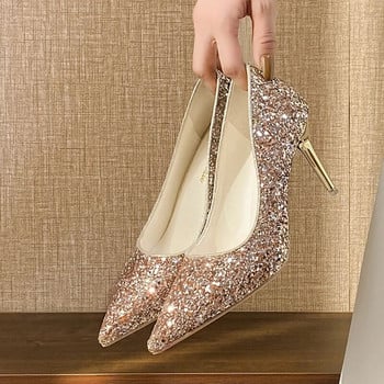 Модни есенни дамски високи токчета златисто-сребърни обувки с остри пръсти, приплъзващи се PU Bling Ежедневни обувки, банкетни секси тънки токчета, дамски помпи