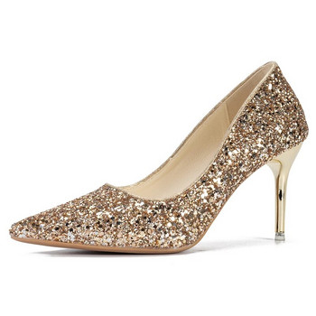 Модни есенни дамски високи токчета златисто-сребърни обувки с остри пръсти, приплъзващи се PU Bling Ежедневни обувки, банкетни секси тънки токчета, дамски помпи