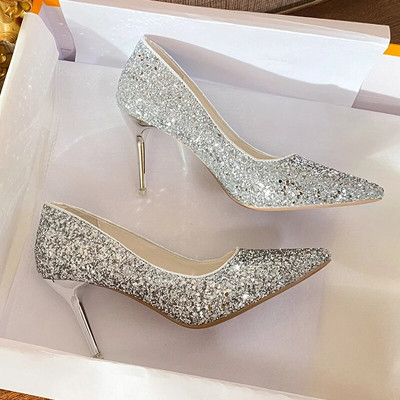 Modne jesenske ženske cipele s visokom potpeticom Zlatno srebrne cipele sa šiljatim prstima Slip-on PU Bling Ležerne cipele Banket Seksi ženske cipele na tanku petu