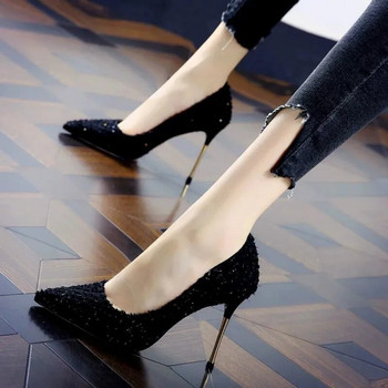 Пролетни нови обувки на висок ток Елегантни дамски обувки с високи токчета Дамски обувки с обувки с остри черни етикети Професионални обувки Сватбени обувки