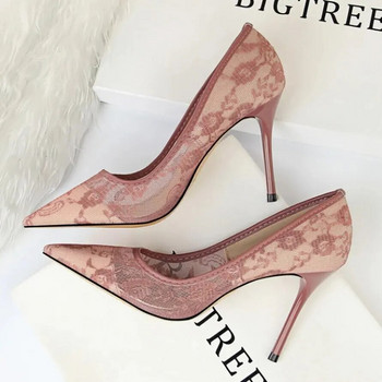 1853-1 Секси тънки дамски обувки с високи токчета Тесни токчета Плитък връх Мрежести кухи дантелени единични обувки Изкуствен PU материал