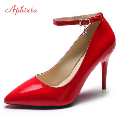 Aphixta 3,94-инчови високи токчета, кристали, помпи с метална катарама, дамски лачени обувки с остри пръсти, офис супер голям размер 50