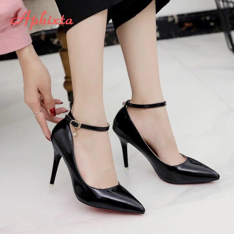 Aphixta 3,94 inčne visoke potpetice, cipele s kristalima, metalnim kopčama, ženske cipele sa šiljatim prstima, lakirane kožne cipele, uredske super velike veličine 50