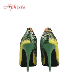 Aphixta Кожени помпи със змийски щампи Дамски обувки 10 см високи токчета Остри носове Офис парти обувки Дамски големи размери 42