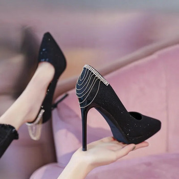 Γυναικεία παπούτσια 2023 Νέα ψηλοτάκουνα στιλέτο με σέξι μυτερές παγιέτες ύφασμα ψηλοτάκουνες γόβες Νυφικά παπούτσια Ψηλοτάκουνα με μεταλλική αλυσίδα