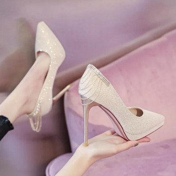 Дамски обувки 2023 г. Нови високи токчета с високи токчета, секси обувки с остри пръсти и пайети, високи токчета, сватбена рокля Обувки с метална верига Високи токчета