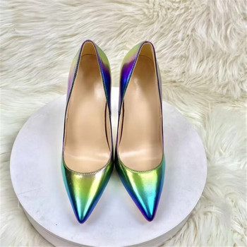 Лазерно градиентни матови дамски обувки с високи токчета с остри пръсти Модни дизайнерски секси помпи с приплъзване на обувки за парти сватба