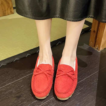 2023 г. Нови дамски плоски обувки Нова мода с лък плюс кадифени топли дамски ежедневни мокасини с приплъзване Големи размери Зимни обувки 35-43