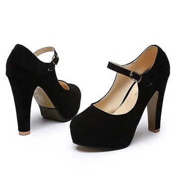 2023 г. Sexy Mary Janes Нови дамски обувки с високи токчета Black Flock Дамски помпи Дамски зимни дебели обувки на платформа с есенни кръгли единични обувки