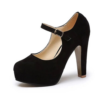 2023 г. Sexy Mary Janes Нови дамски обувки с високи токчета Black Flock Дамски помпи Дамски зимни дебели обувки на платформа с есенни кръгли единични обувки