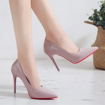 Плюс размер OL Офис дамски обувки Лачени дамски обувки с високи токчета Обувки за рокли с остри пръсти Основни помпи Дамски лодки zapatos muje