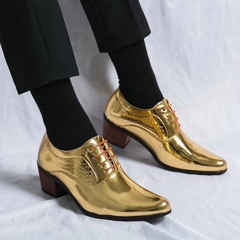 Нови 2023 луксозни златни мъжки кожени обувки на висок ток Мокасини Дизайнерски обувки с остри рокли Мъжки сватбени официални обувки Голям размер 46