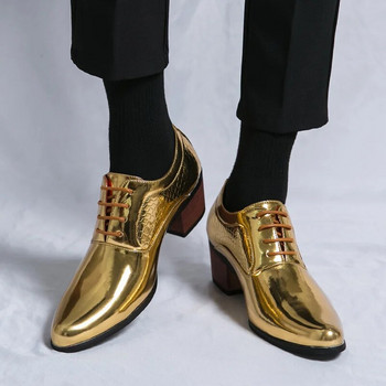 Нови 2023 луксозни златни мъжки кожени обувки на висок ток Мокасини Дизайнерски обувки с остри рокли Мъжки сватбени официални обувки Голям размер 46