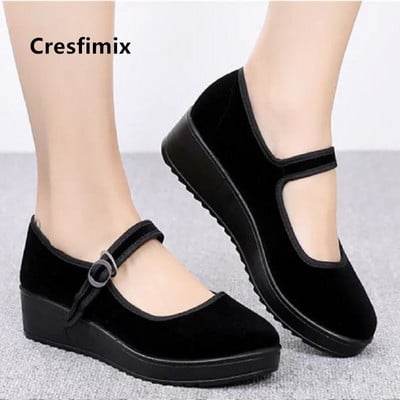 Cresfimix vrouwenschoenen női divat fekete magasság megnövelt retro tánc lapos platform cipő női alkalmi és szabadidős cipő a5055