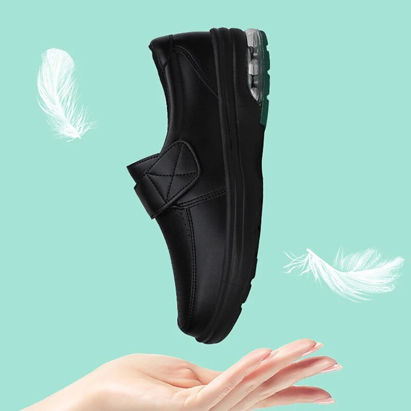 Veekindlad nahast jalapüksid naistele Õhkpadi, pehme tald, valge õe kingad Naiste kontori võluteip Libisemisvastased vabaaja tööjalatsid