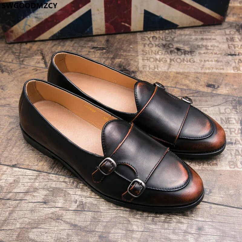 LEATHER CLASSIC laisvalaikio batai vyrams The Office Brown Dress Dvigubo Monk Strip Batai Vyriški Italiano Dress Batai Vyriški Zapatos